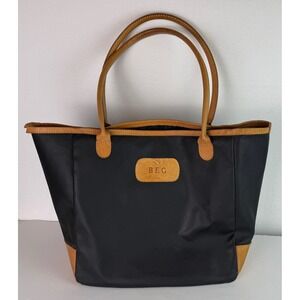 Jon Hart Medium Purse Tote Bag Black Coated Canvas Natural Leather Trim **READ**